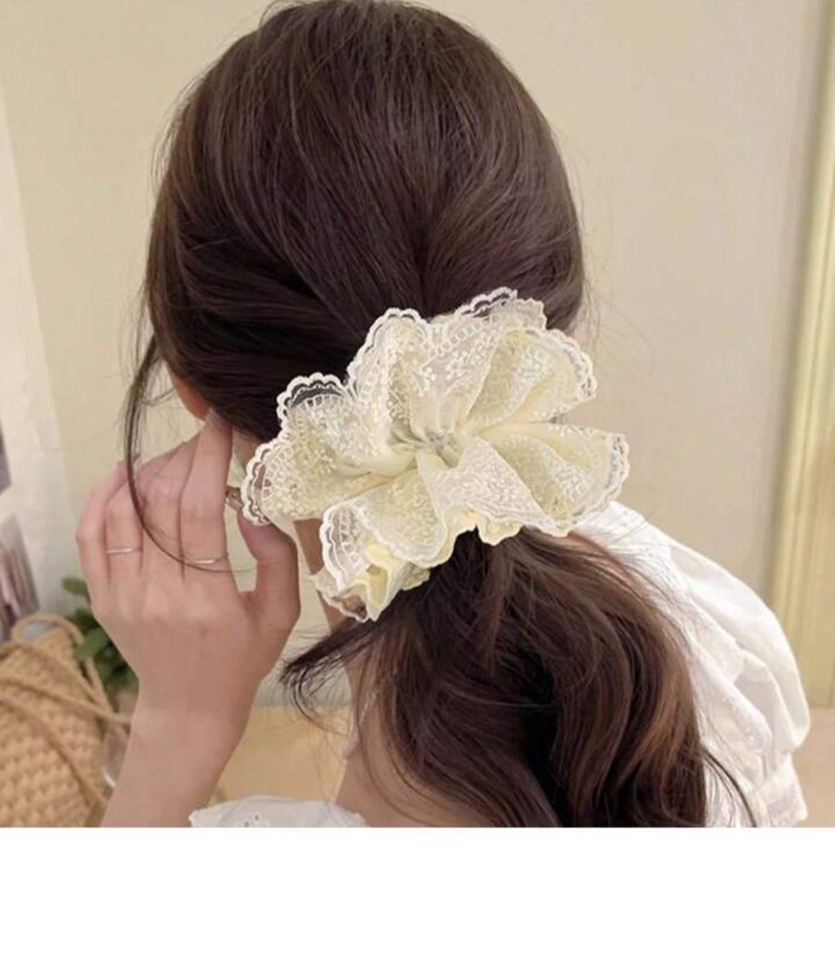 French Style Yellow Intricate Lace Hollow Flower Big Hair Scrunchie