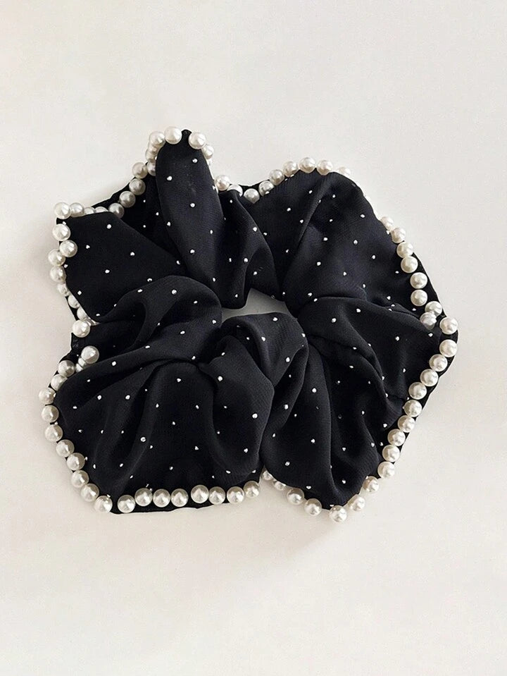 Pearl & Rhinestone Studded Scrunchy, Elegant Chic French Retro Design Ponytail Holder