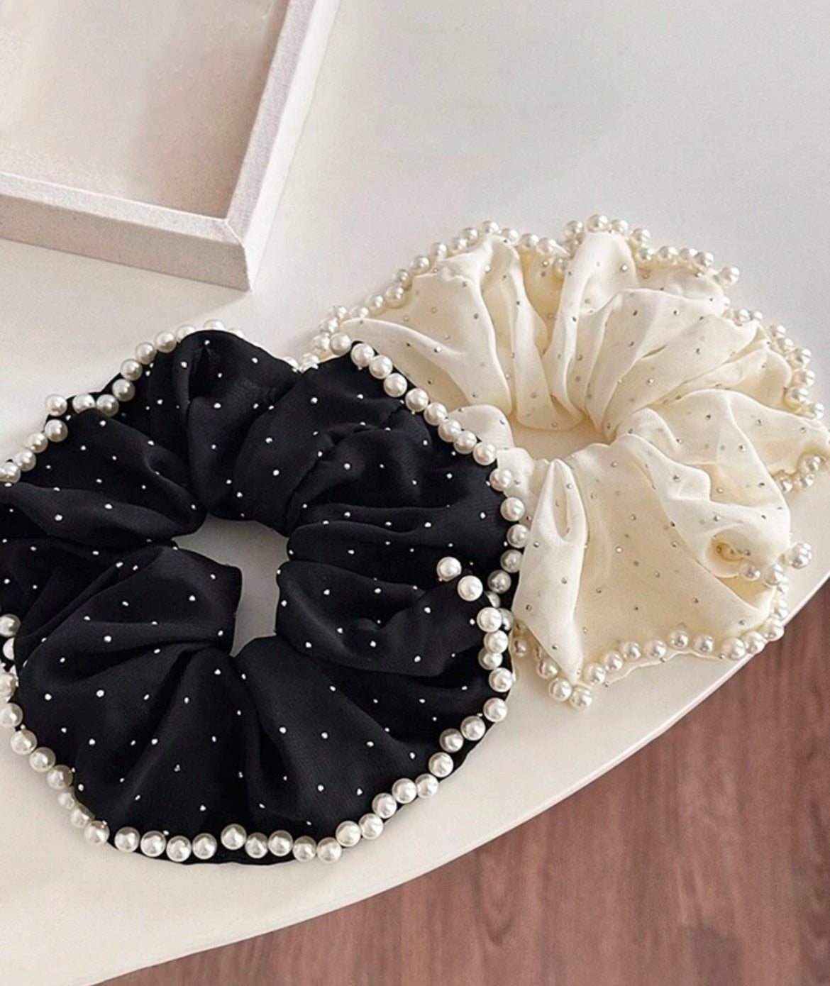 Pearl & Rhinestone Studded Scrunchy, Elegant Chic French Retro Design Ponytail Holder