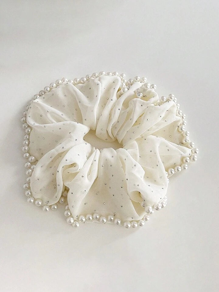 Pearl & Rhinestone Studded Scrunchy, Elegant Chic French Retro Design Ponytail Holder