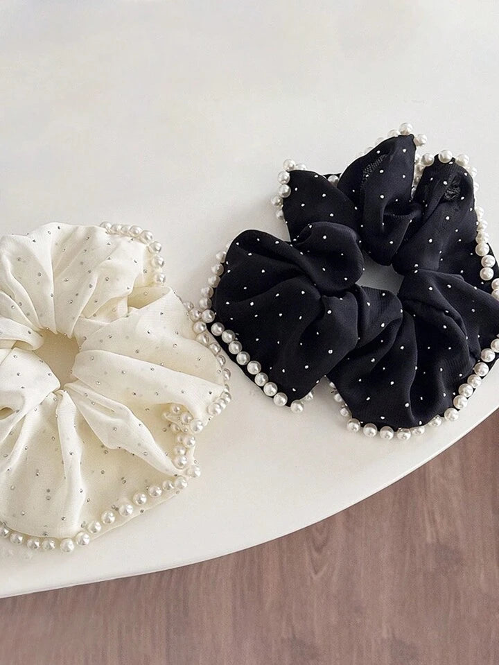 Pearl & Rhinestone Studded Scrunchy, Elegant Chic French Retro Design Ponytail Holder