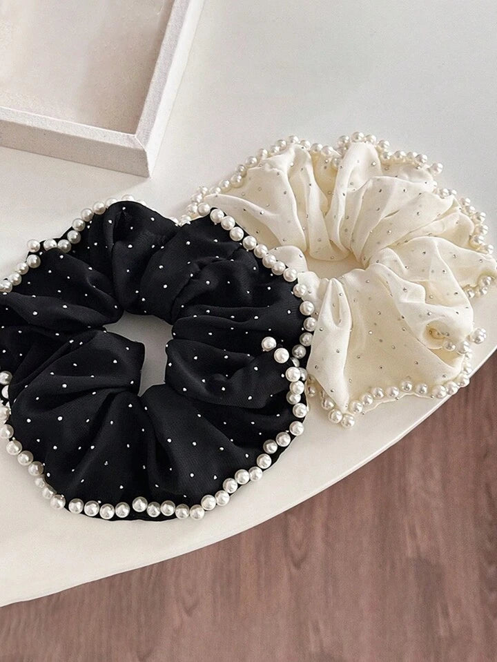 Pearl & Rhinestone Studded Scrunchy, Elegant Chic French Retro Design Ponytail Holder