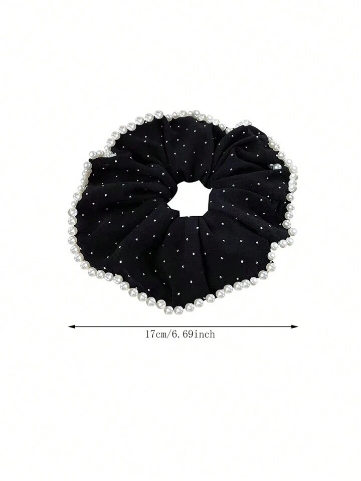 Pearl & Rhinestone Studded Scrunchy, Elegant Chic French Retro Design Ponytail Holder