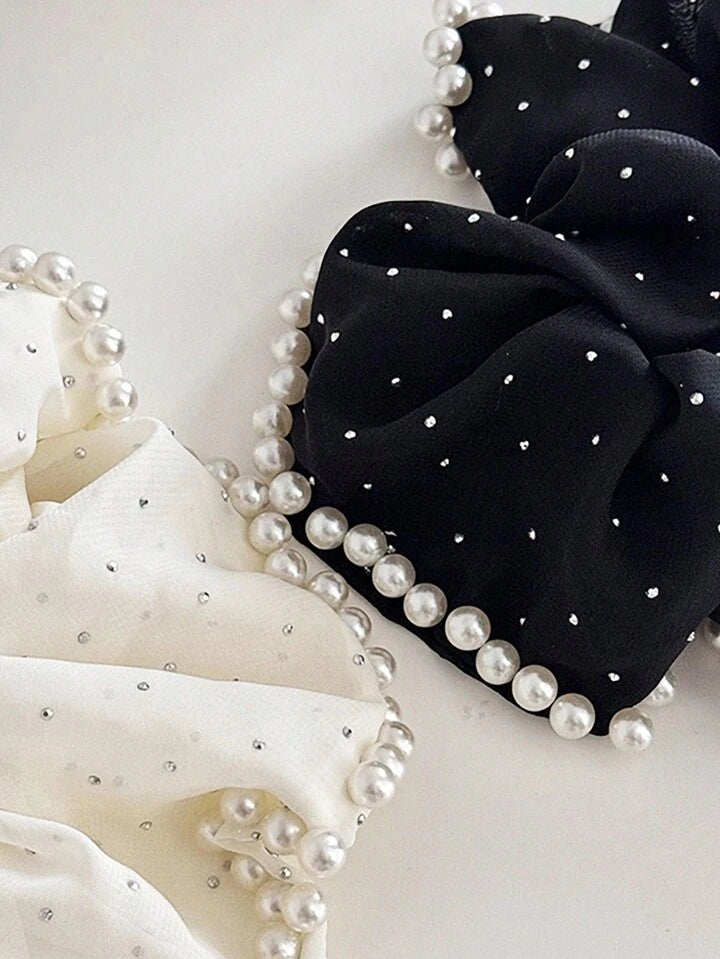 Pearl & Rhinestone Studded Scrunchy, Elegant Chic French Retro Design Ponytail Holder