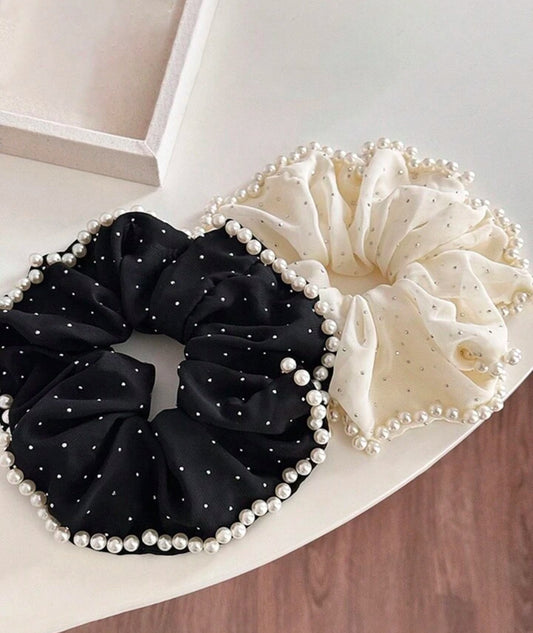 Pearl & Rhinestone Studded Scrunchy, Elegant Chic French Retro Design Ponytail Holder