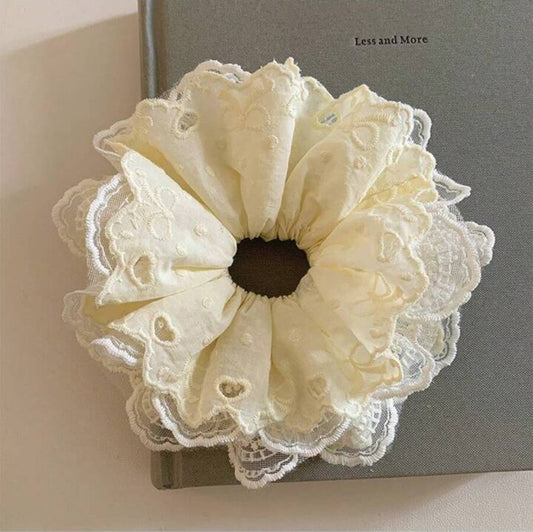 French Style Yellow Intricate Lace Hollow Flower Big Hair Scrunchie